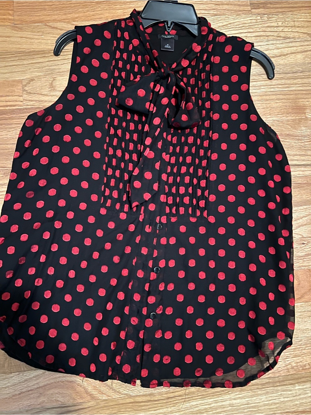 Ann Taylor Black Sleeveless Blouse with Red Polka Dots and Bow Neck